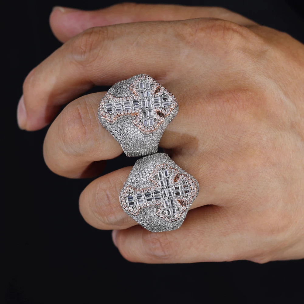 Two Tone Color Cross Finger Ring Iced Out Bling 5A Cubic Zircon Prong Setting Fashion Luxulry Men Hip Hop Finger Jewelry - DripVault