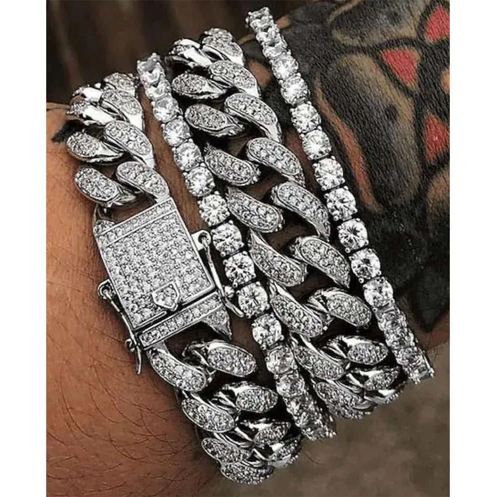 Hip Hop Iced Out Chain Women Men Cuban Bracelet High-Quality Full AAAA+ Rhinestones Miami Cuban Link Chain Bracelets Jewelry - DripVault