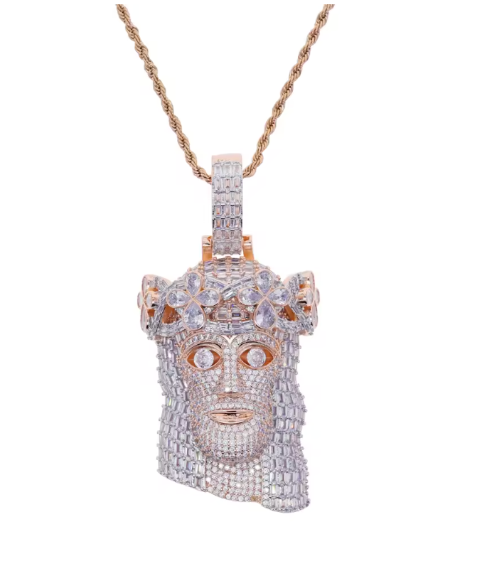 Iced Out Religious Jesus Head Pendant Necklaces Rose Gold Color CZ - DripVault