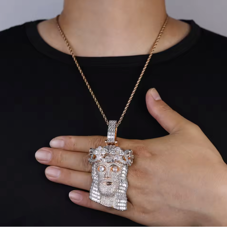 Iced Out Religious Jesus Head Pendant Necklaces Rose Gold Color CZ - DripVault