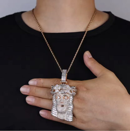 Iced Out Religious Jesus Head Pendant Necklaces Rose Gold Color CZ - DripVault