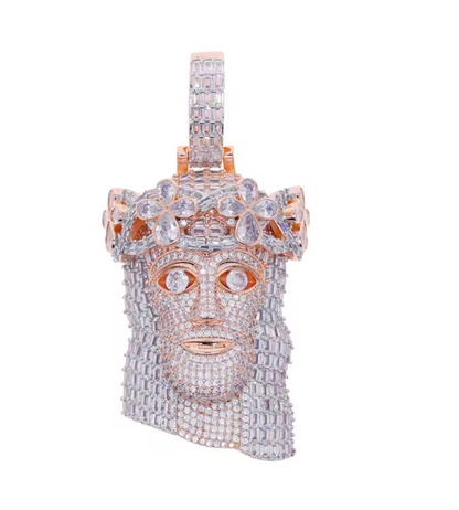 Iced Out Religious Jesus Head Pendant Necklaces Rose Gold Color CZ - DripVault