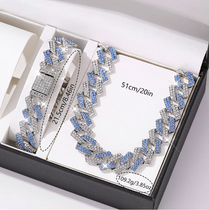 2pcs Jewelry Set Geometric Cuban Chain Neck Fashionable High Quality Rhinestone - DripVault