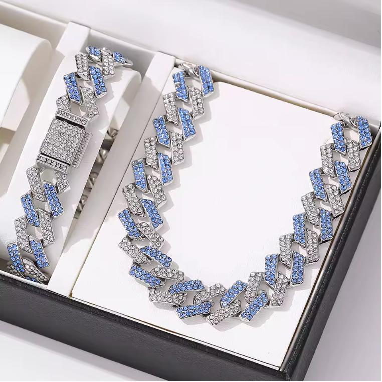 2pcs Jewelry Set Geometric Cuban Chain Neck Fashionable High Quality Rhinestone - DripVault