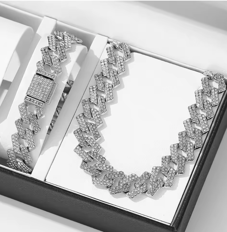 2pcs Jewelry Set Geometric Cuban Chain Neck Fashionable High Quality Rhinestone - DripVault