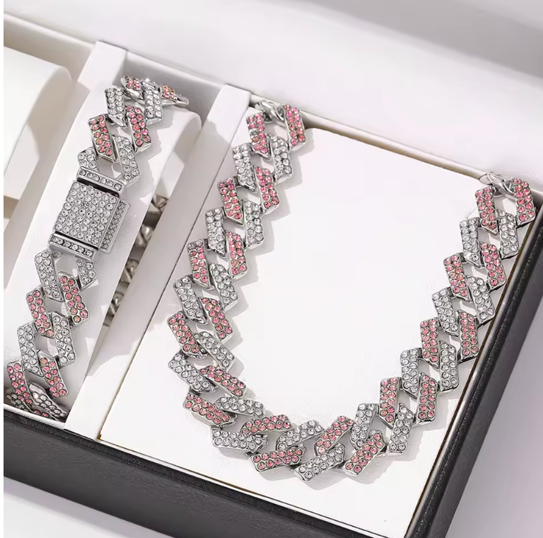 2pcs Jewelry Set Geometric Cuban Chain Neck Fashionable High Quality Rhinestone - DripVault
