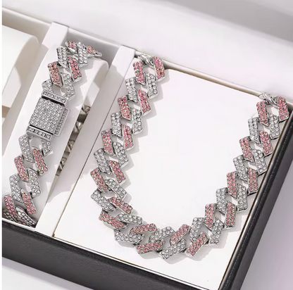 2pcs Jewelry Set Geometric Cuban Chain Neck Fashionable High Quality Rhinestone - DripVault