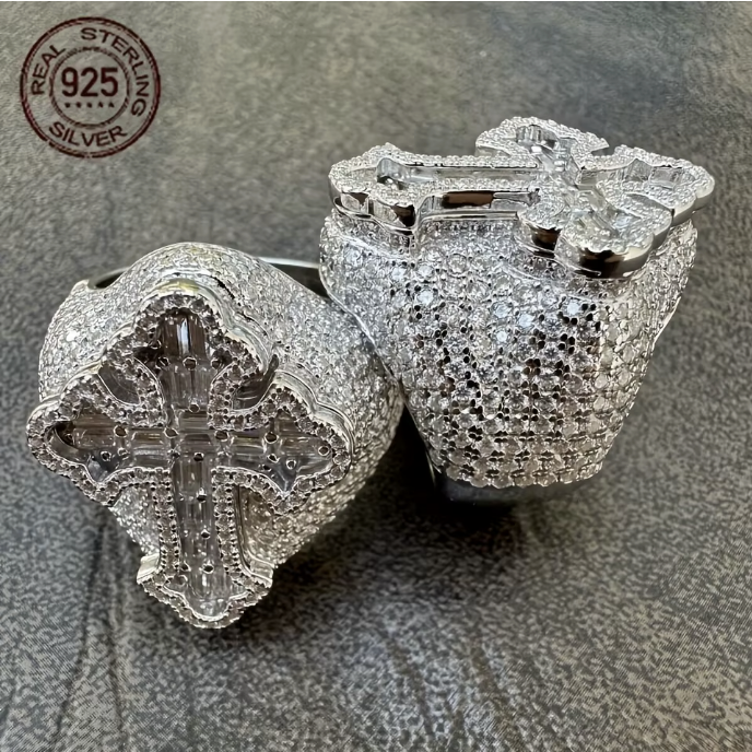 Fashion Design Brilliant 925 Silver Cross Ring Shiny Zircon Inlay Iced Out - DripVault