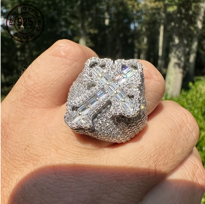 Fashion Design Brilliant 925 Silver Cross Ring Shiny Zircon Inlay Iced Out - DripVault