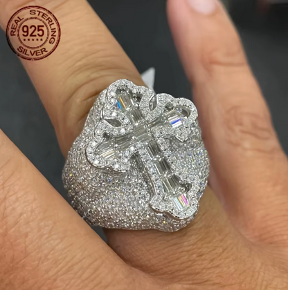 Fashion Design Brilliant 925 Silver Cross Ring Shiny Zircon Inlay Iced Out - DripVault