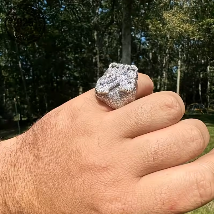 Fashion Design Brilliant 925 Silver Cross Ring Shiny Zircon Inlay Iced Out - DripVault