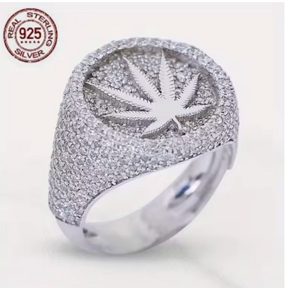 Luxury 925 Sterling Silver Iced Out Marijuana Rings for Men Leaf Hip Hop AAAAA - DripVault