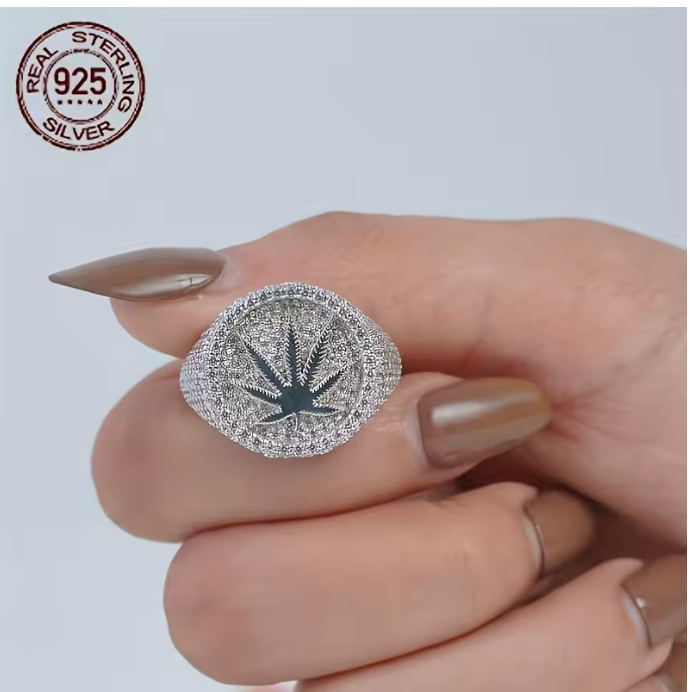 Luxury 925 Sterling Silver Iced Out Marijuana Rings for Men Leaf Hip Hop AAAAA - DripVault