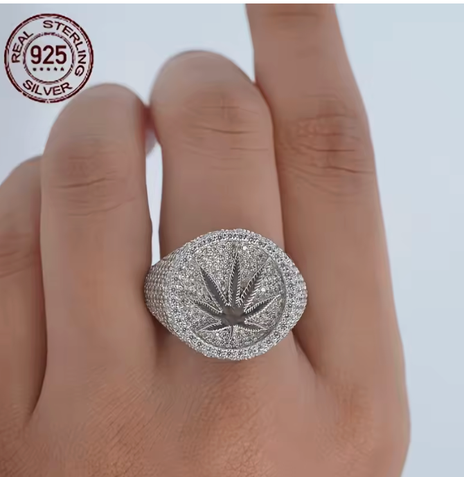 Luxury 925 Sterling Silver Iced Out Marijuana Rings for Men Leaf Hip Hop AAAAA - DripVault