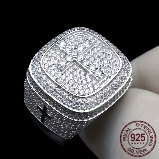 Men SOLID 925 Sterling Silver Icy Bling CZ Hiphop 3D Square Cross Ring Platinum - DripVault