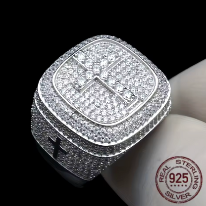 Men SOLID 925 Sterling Silver Icy Bling CZ Hiphop 3D Square Cross Ring Platinum - DripVault