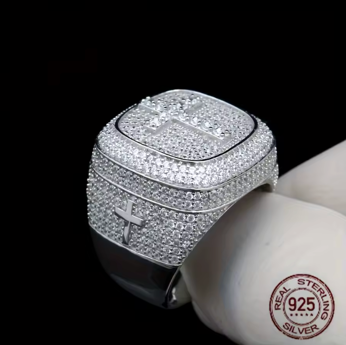 Men SOLID 925 Sterling Silver Icy Bling CZ Hiphop 3D Square Cross Ring Platinum - DripVault