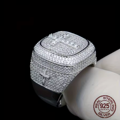 Men SOLID 925 Sterling Silver Icy Bling CZ Hiphop 3D Square Cross Ring Platinum - DripVault