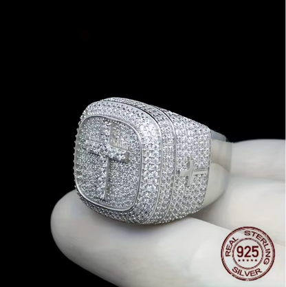 Men SOLID 925 Sterling Silver Icy Bling CZ Hiphop 3D Square Cross Ring Platinum - DripVault