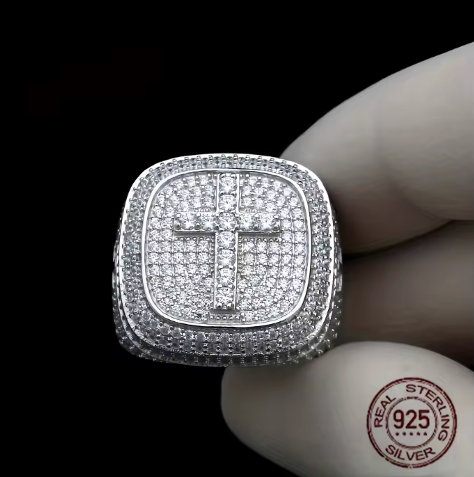 Men SOLID 925 Sterling Silver Icy Bling CZ Hiphop 3D Square Cross Ring Platinum - DripVault