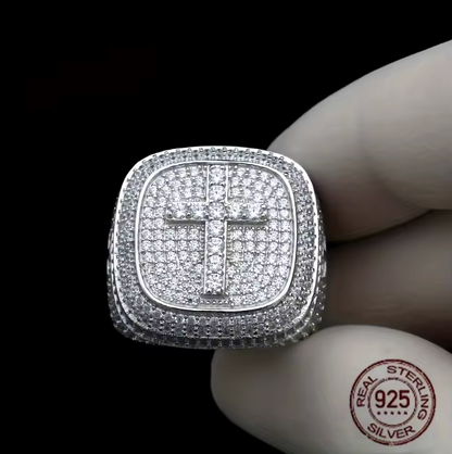 Men SOLID 925 Sterling Silver Icy Bling CZ Hiphop 3D Square Cross Ring Platinum - DripVault