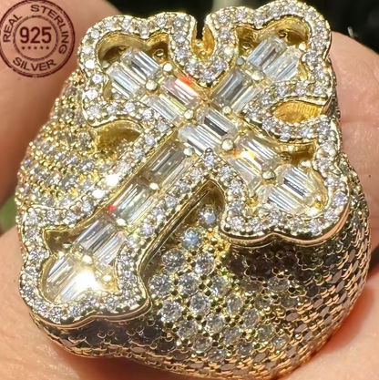Men's Baguette Gold Plated Over Solid 925 Sterling Silver Gothic Cross Ring - DripVault