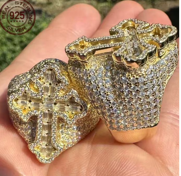 Men's Baguette Gold Plated Over Solid 925 Sterling Silver Gothic Cross Ring - DripVault