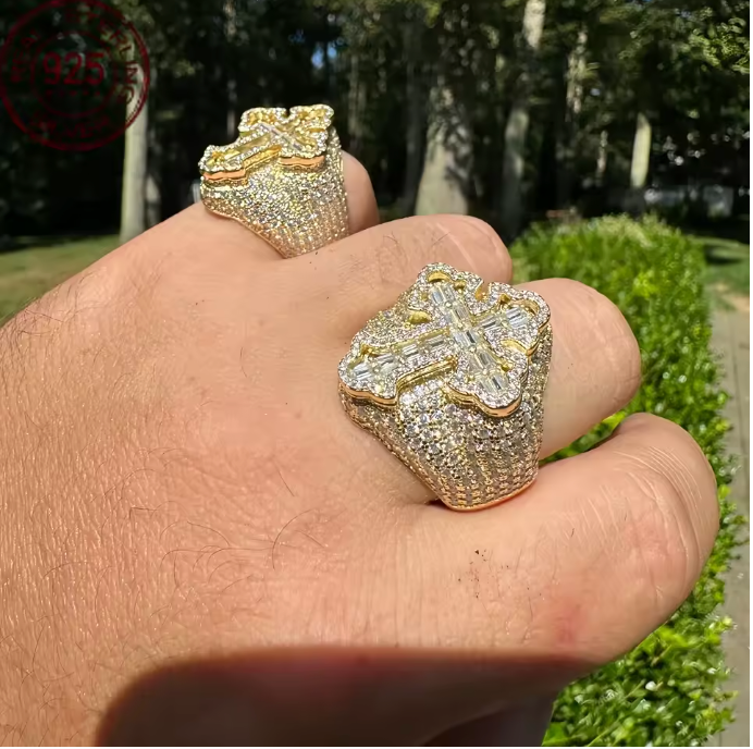 Men's Baguette Gold Plated Over Solid 925 Sterling Silver Gothic Cross Ring - DripVault