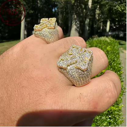 Men's Baguette Gold Plated Over Solid 925 Sterling Silver Gothic Cross Ring - DripVault