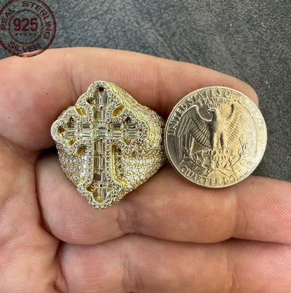 Men's Baguette Gold Plated Over Solid 925 Sterling Silver Gothic Cross Ring - DripVault