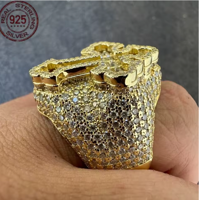 Men's Baguette Gold Plated Over Solid 925 Sterling Silver Gothic Cross Ring - DripVault