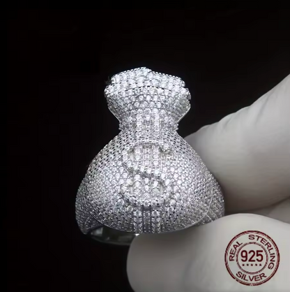 Unique Men's 925 Sterling Silvery Icy Out Money Bag Baguette Dollar Sign Ring - DripVault