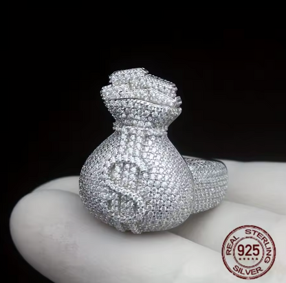Unique Men's 925 Sterling Silvery Icy Out Money Bag Baguette Dollar Sign Ring - DripVault