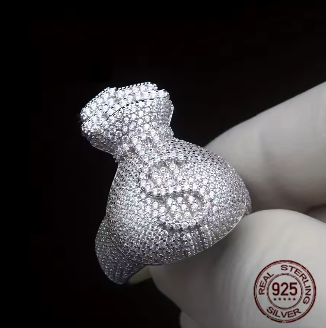 Unique Men's 925 Sterling Silvery Icy Out Money Bag Baguette Dollar Sign Ring - DripVault