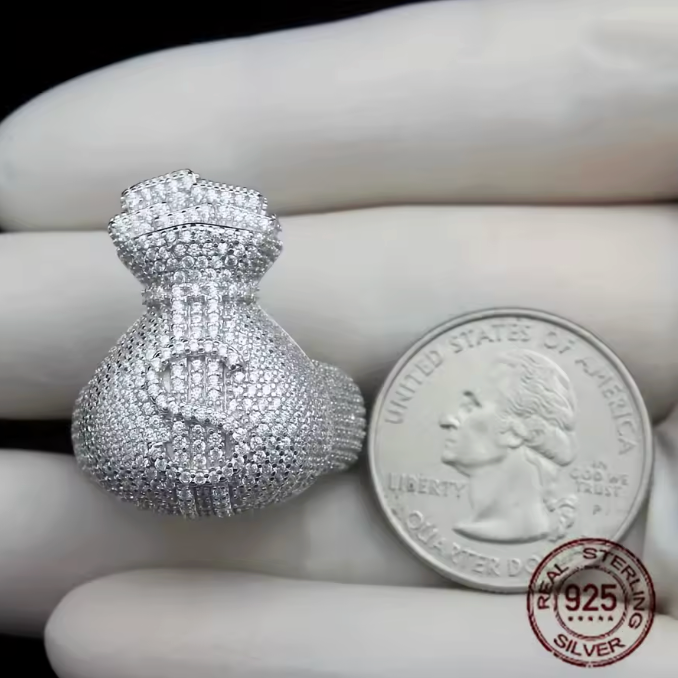 Unique Men's 925 Sterling Silvery Icy Out Money Bag Baguette Dollar Sign Ring - DripVault