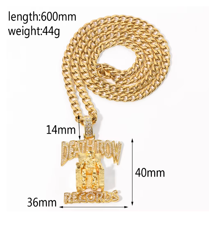 Hip Hop DEATHROW RECORDS Prisoner Necklace Rhinestones Pendant with Rope Chain - DripVault