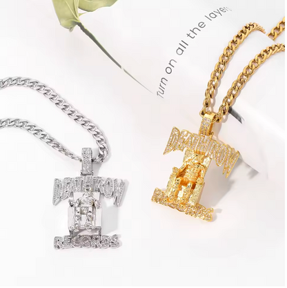 Hip Hop DEATHROW RECORDS Prisoner Necklace Rhinestones Pendant with Rope Chain - DripVault