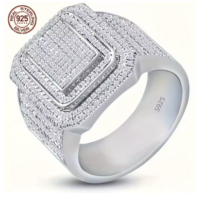 Luxury 925 Sterling Silver Cluster Mens Iced Out Ring Double Layer Sqaure - DripVault