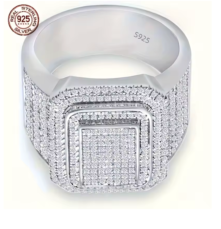 Luxury 925 Sterling Silver Cluster Mens Iced Out Ring Double Layer Sqaure - DripVault