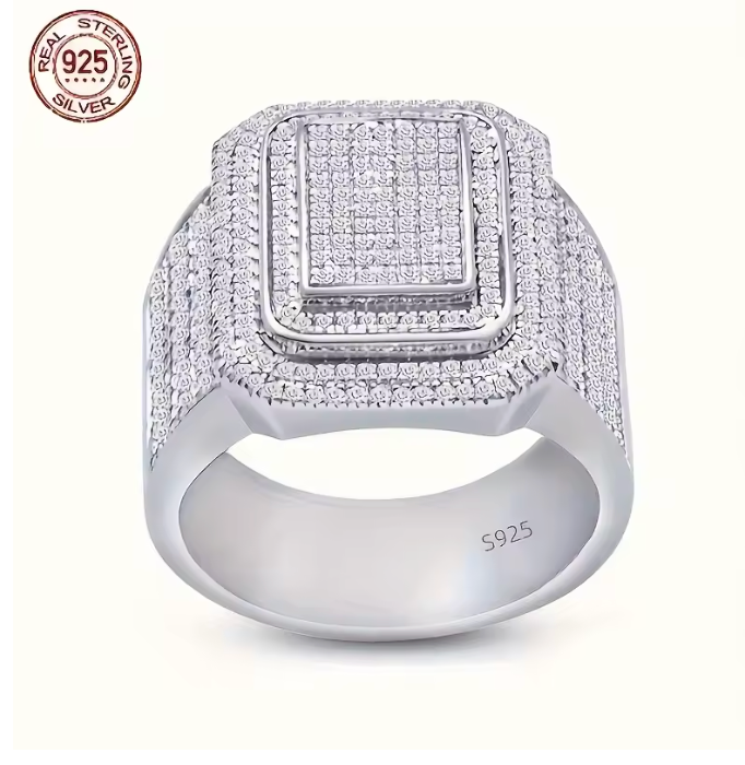 Luxury 925 Sterling Silver Cluster Mens Iced Out Ring Double Layer Sqaure - DripVault
