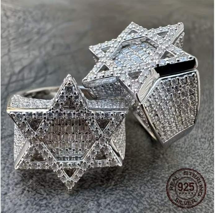 Men's Luxury 925 Sterling Silver Retro Hexagram Hip Hop Ring Platinum Plated - DripVault
