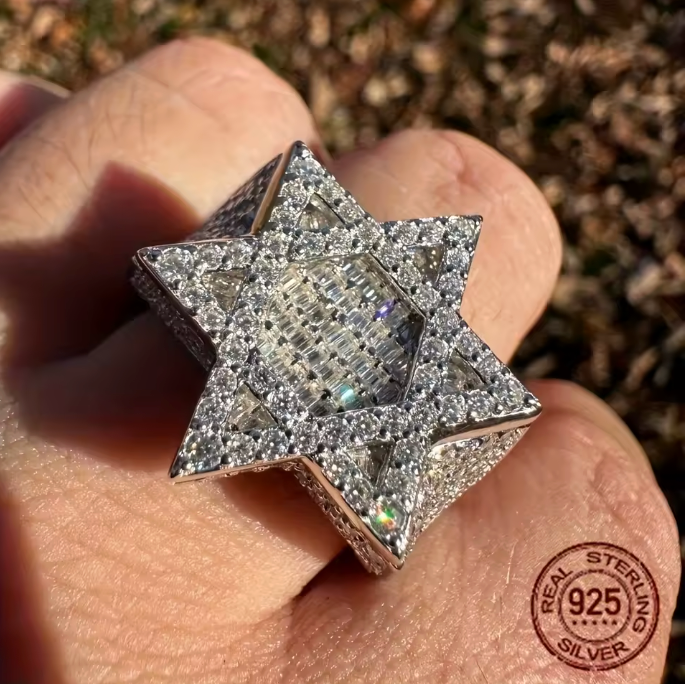 Men's Luxury 925 Sterling Silver Retro Hexagram Hip Hop Ring Platinum Plated - DripVault