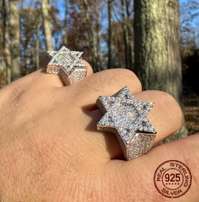 Men's Luxury 925 Sterling Silver Retro Hexagram Hip Hop Ring Platinum Plated - DripVault