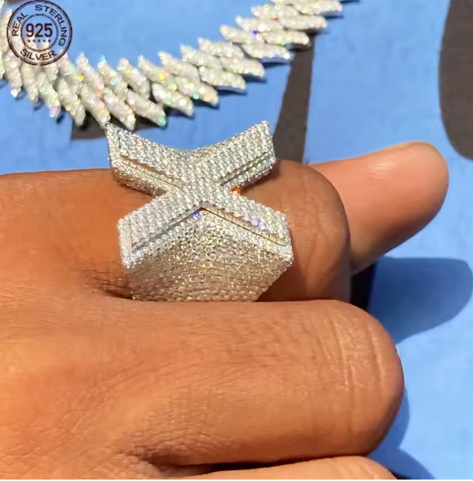Fully Iced Out Initial X Diamond Letter Rings For Men Luxury 925 Sterling Silver - DripVault