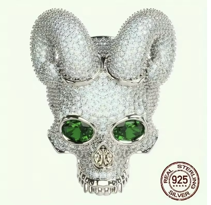 Vintage Gothic Skull Horn Ring Bezel Cluster 925 Sterling Silver Rings - DripVault