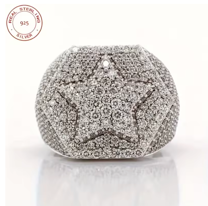 2026 Fashion 925 Silver Rings For Men Luxury White Gold Plated Five Star Hip Hop - DripVault