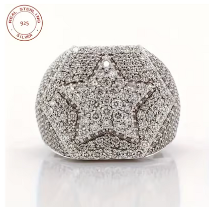 2026 Fashion 925 Silver Rings For Men Luxury White Gold Plated Five Star Hip Hop - DripVault