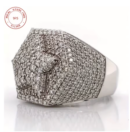2026 Fashion 925 Silver Rings For Men Luxury White Gold Plated Five Star Hip Hop - DripVault