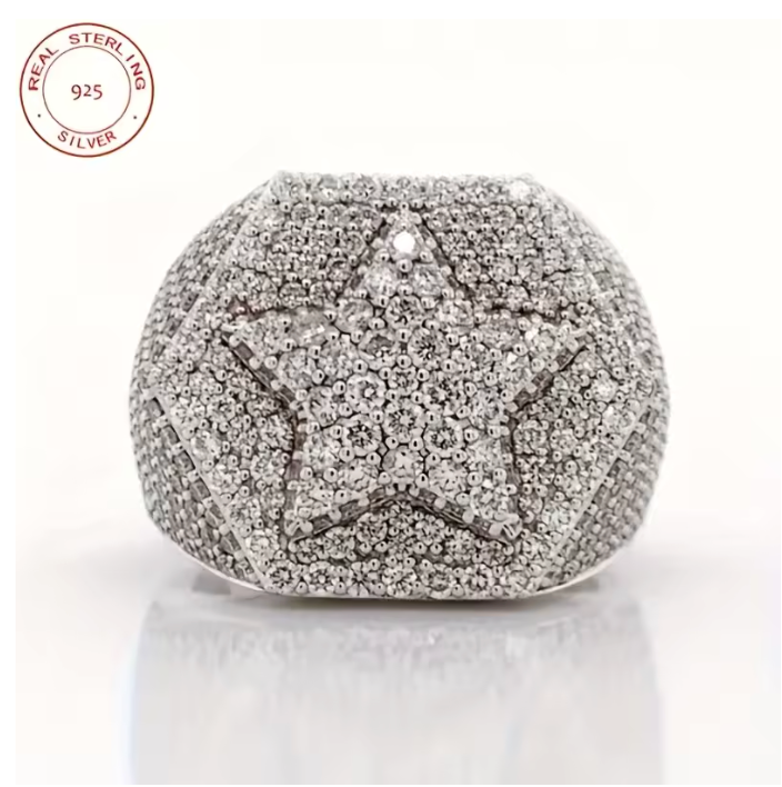 2026 Fashion 925 Silver Rings For Men Luxury White Gold Plated Five Star Hip Hop - DripVault