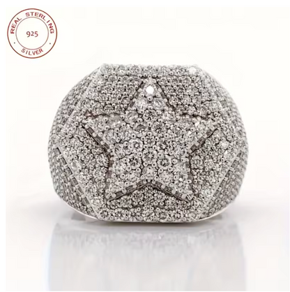 2026 Fashion 925 Silver Rings For Men Luxury White Gold Plated Five Star Hip Hop - DripVault